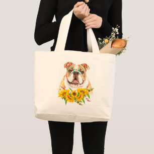 Watercolor Bulldog & Sunflowers Large Tote Bag