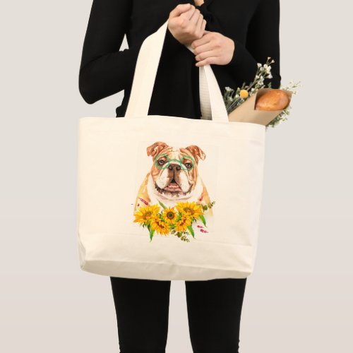 Watercolor Bulldog  Sunflowers  Large Tote Bag