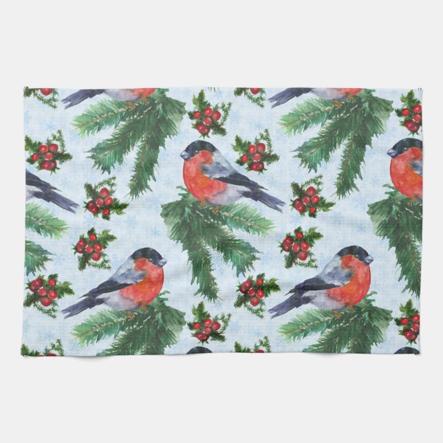 watercolor bullfinch kitchen towel (Horizontal)