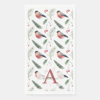Watercolor Bullfinch Pine Fir Monogram Christmas