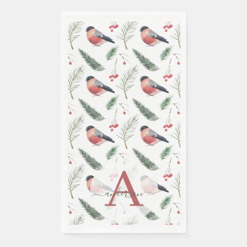 Watercolor Bullfinch Pine Fir Monogram Christmas Paper Guest Towels