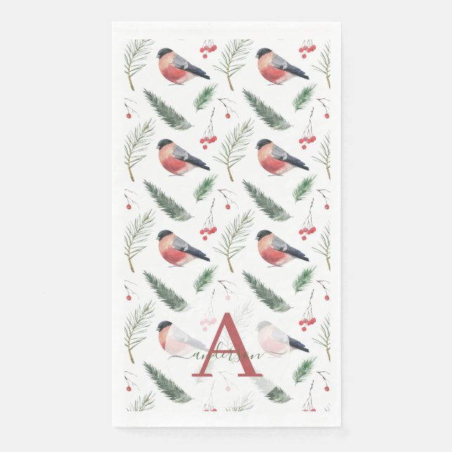 Watercolor Bullfinch Pine Fir Monogram Christmas Paper Guest Towels (Front)