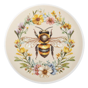 Watercolor Bumblebee Floral Wreath Charm Ceramic  Knob