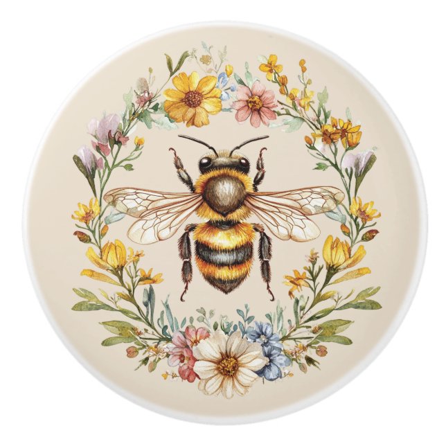 Watercolor Bumblebee Floral Wreath Charm Ceramic  Knob (Front)