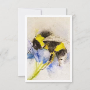 Watercolor Bumblebee on Blue Flower Note Card