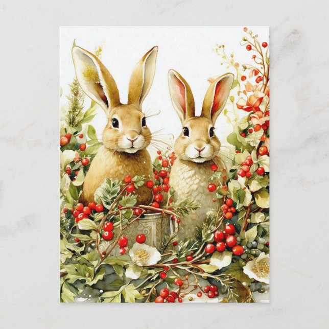 Watercolor Bunnies and Wild Berries  Postcard (Front)