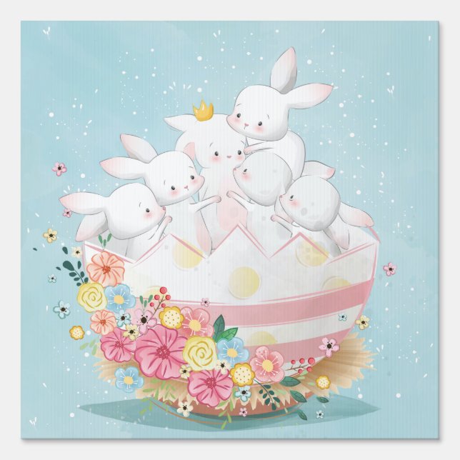 Watercolor Bunnies in Flower Easter Egg Sign (Front)