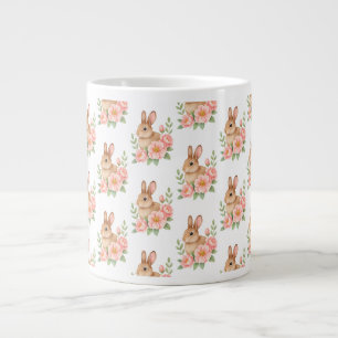 Watercolor Bunnt and Pink Floral Wreath Easter Giant Coffee Mug