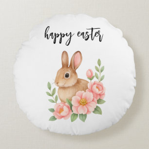 Watercolor Bunnt and Pink Floral Wreath Easter Round Pillow