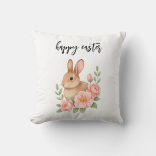 Watercolor Bunnt and Pink Floral Wreath Easter Throw Pillow