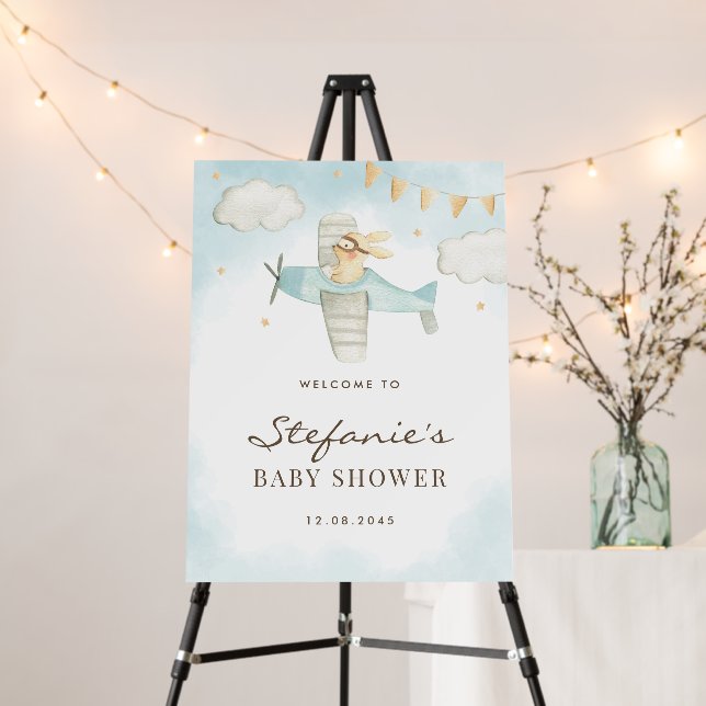 Watercolor Bunny Airplane Blue Baby Shower Welcome Foam Board (In Situ (Stand))