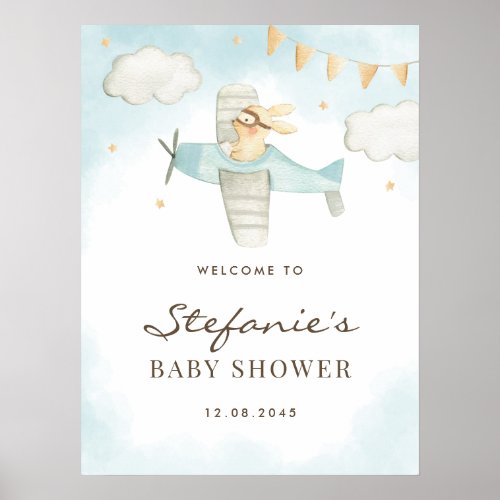 Watercolor Bunny Airplane Blue Baby Shower Welcome Poster