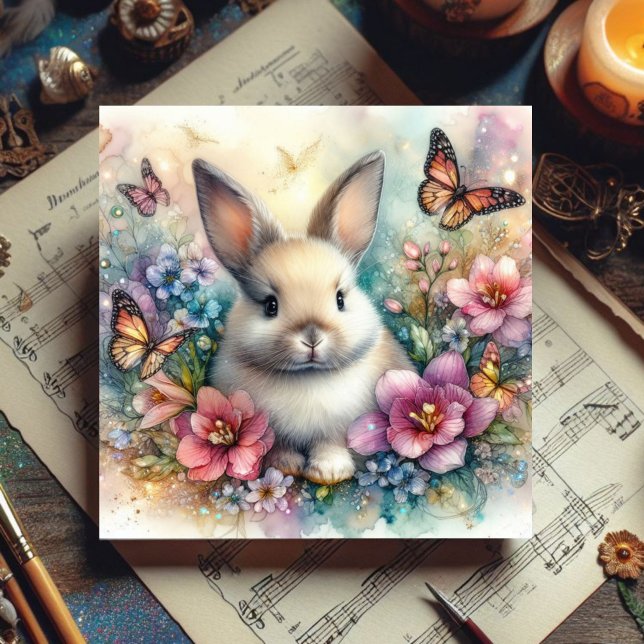 Watercolor Bunny And Butterflies Floral Easter Holiday Card (Creator Uploaded)