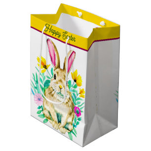 Watercolor bunny and flowers easter medium gift bag