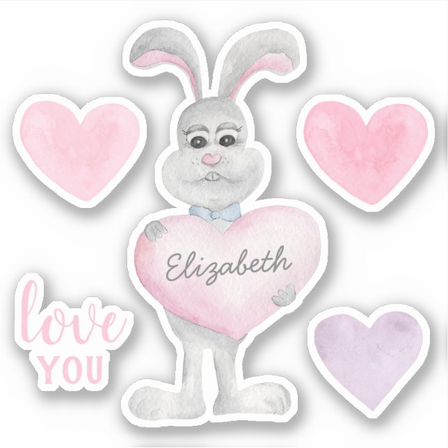 Watercolor bunny and hearts. Valentines day Love Sticker (Front)