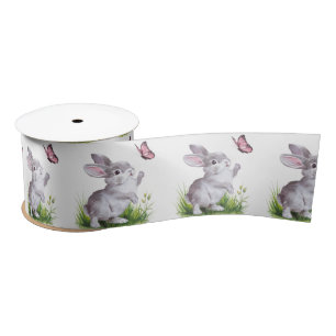 Watercolor Bunny and Pink Butterfly Satin Ribbon