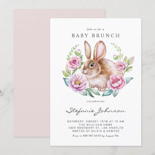 Watercolor Bunny and Pink Flowers Baby Brunch Invitation