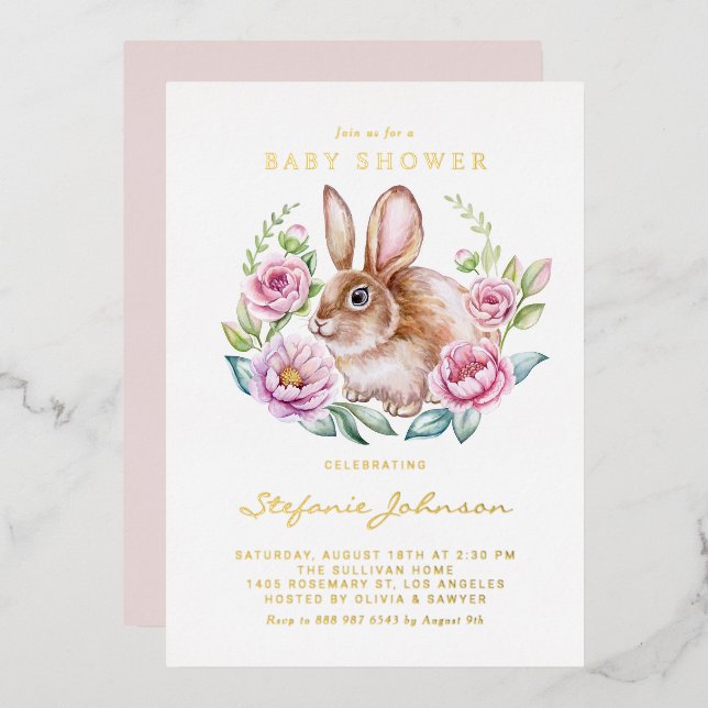 Watercolor Bunny and Pink Flowers Baby Shower Foil Invitation (Front/Back)