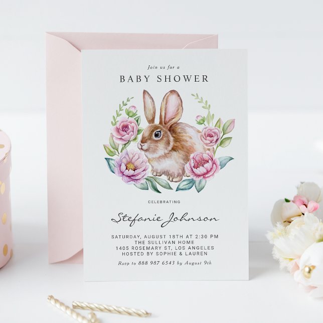 Watercolor Bunny and Pink Flowers Baby Shower Invitation (Creator Uploaded)