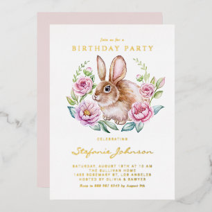 Watercolor Bunny and Pink Flowers Birthday Party Foil Invitation