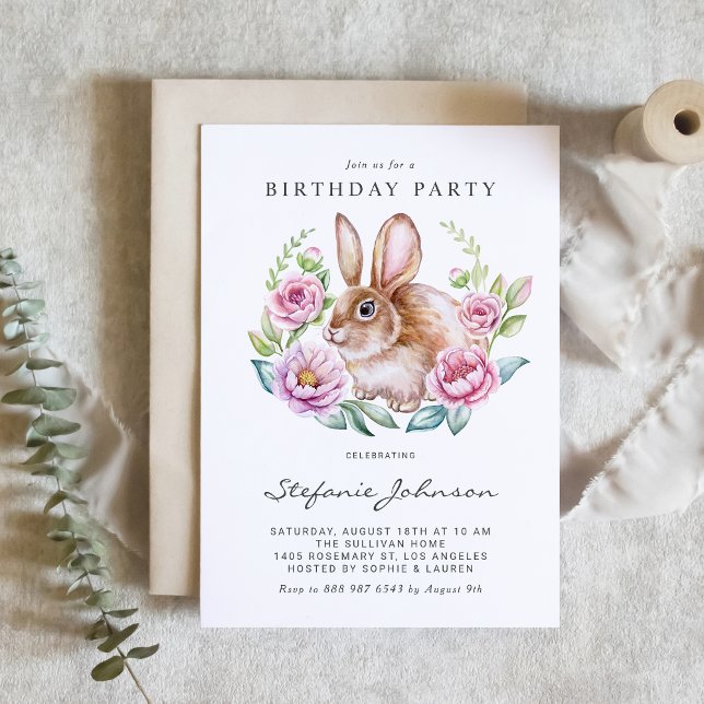 Watercolor Bunny and Pink Flowers Birthday Party Invitation (This charming birthday invitation features a watercolor rabbit nestled inside a floral wreath.)