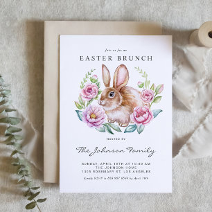 Watercolor Bunny and Pink Flowers Easter Party Invitation