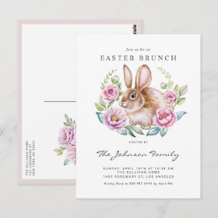 Watercolor Bunny and Pink Flowers Easter Party Postcard