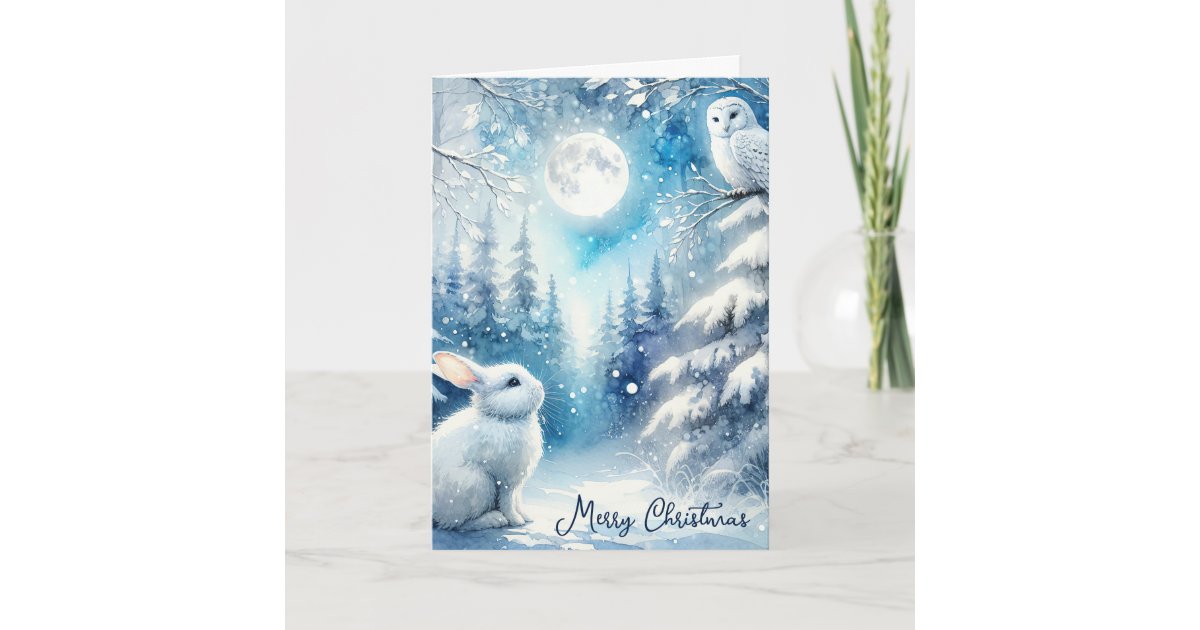 Watercolor Bunny And Snowy Owl Holiday Card | Zazzle