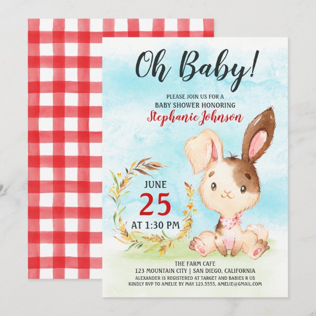 Watercolor Bunny Baby Shower Farm Invitation (Front/Back)