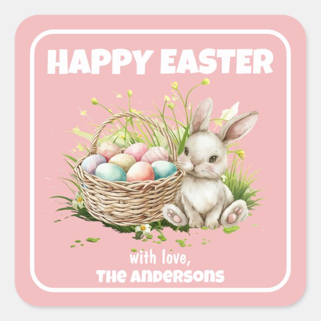 Watercolor Bunny + Basket|Happy Easter Square Sticker (Front)