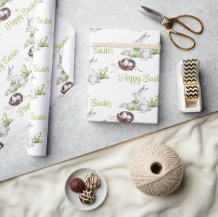 Watercolor Bunny & Bird Nest Happy Easter Wrapping Paper