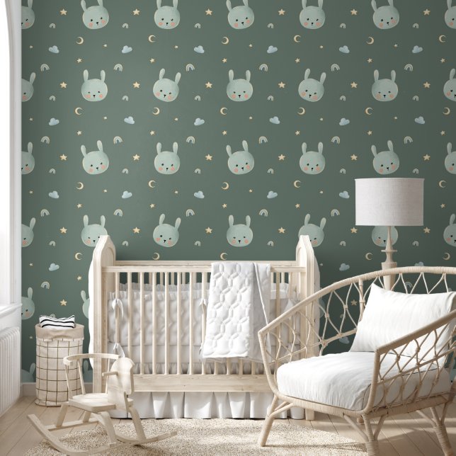 Watercolor Bunny Clouds Rainbow Dreamy Nursery  Wallpaper (Kids)