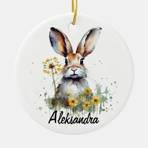 Watercolor Bunny Dandelion Ceramic Circle Ornament