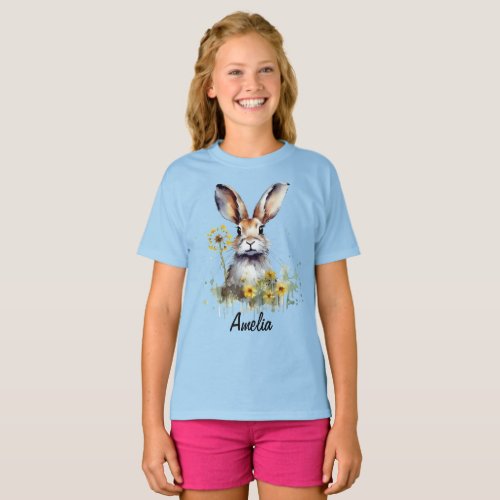 Watercolor Bunny Dandelion Girls Basic T_Shirt