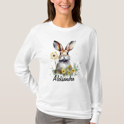 Watercolor Bunny Dandelion Long Sleeve T_Shirt