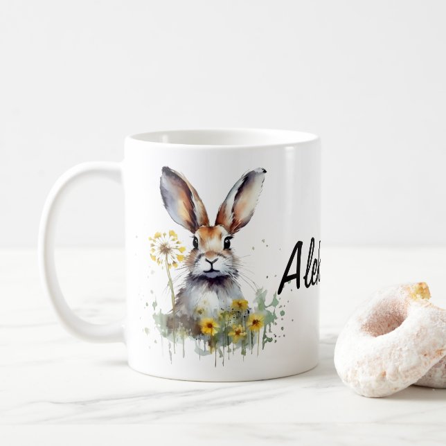 Watercolor Bunny Dandelion Personalized Mug (With Donut)