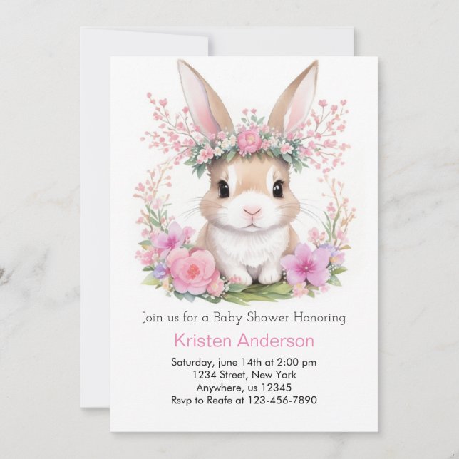 Watercolor Bunny Dreams Pink Girl Baby Shower Invitation (Front)