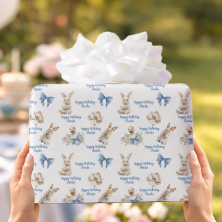 Watercolor Bunny Duck Blue Bow Happy Birthday Wrapping Paper