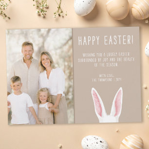 Watercolor Bunny Ears Family Photo Beige Easter Card