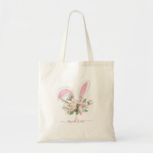 Watercolor Bunny Ears Happy Easter Add Kids Name  Tote Bag