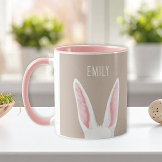 Watercolor Bunny Ears On Beige With Custom Name Mug