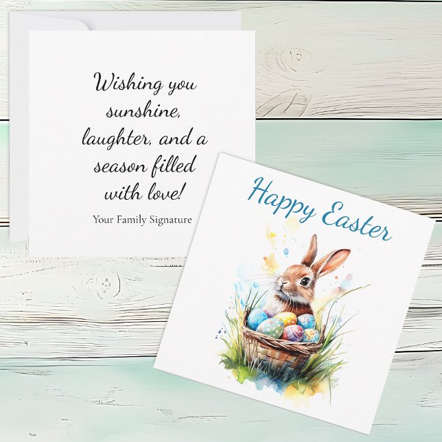 Watercolor Bunny & Easter Basket  Card (Bunny with Easter Basket Square Flat Greeting Card)