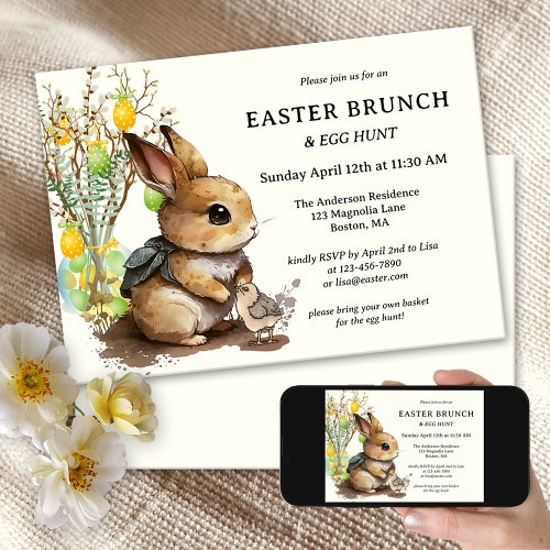 Watercolor Bunny Egg Hunt Easter Brunch Invitation