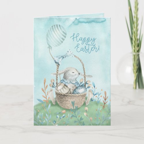 Watercolor Bunny Eggs Flowers and Basket Card