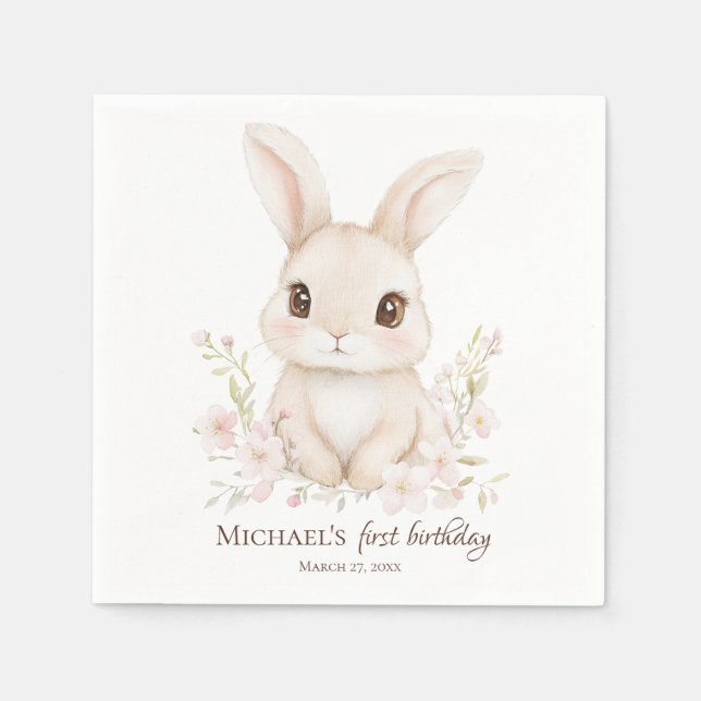 Watercolor Bunny First Birthday Party Tableware Napkins (Front)