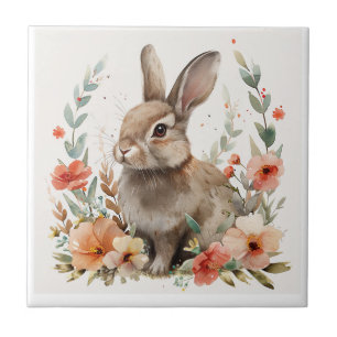 Watercolor Bunny Floral Ceramic Tile