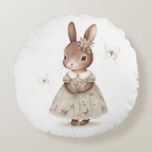 Watercolor Bunny Floral Dress Art Round Pillow