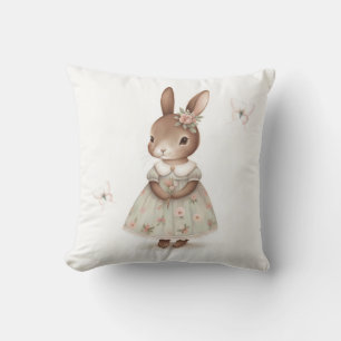 Watercolor Bunny Floral Dress Art Throw Pillow