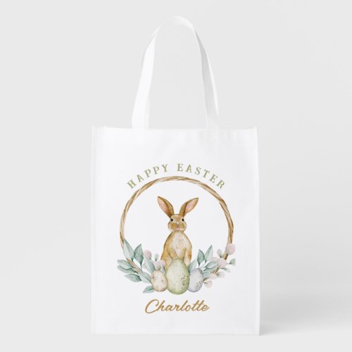 Watercolor Bunny Floral Easter Wreath Egg Hunt Grocery Bag