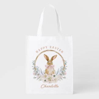 Watercolor Bunny Floral Easter Wreath Egg Hunt